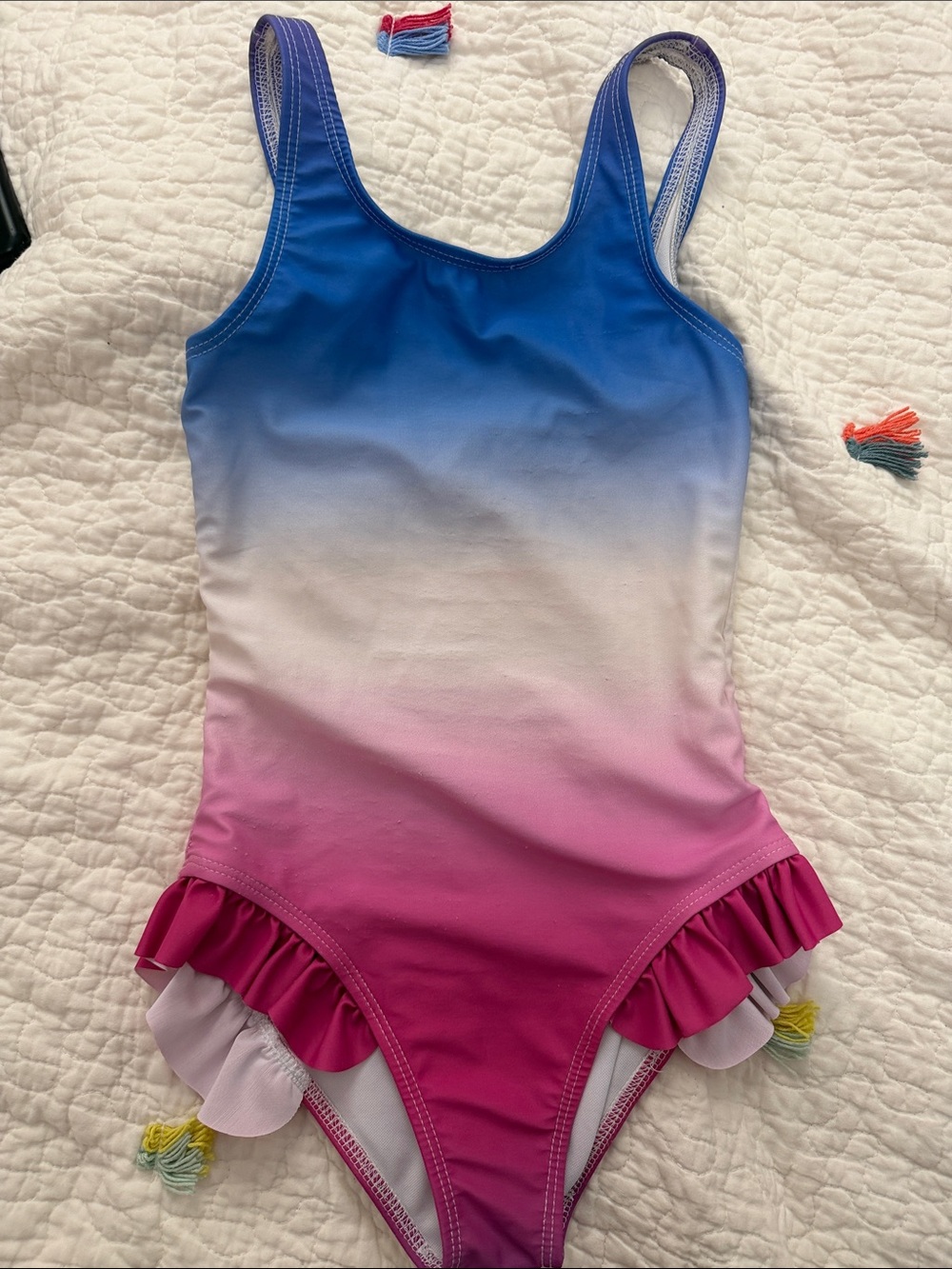 Girls Ombre Blue to Pink Ruffle One-Piece Swimsuit